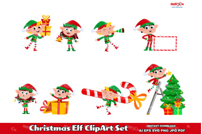 Christmas Elf Cartoon Character ClipArt Set