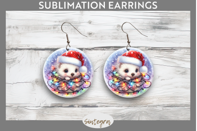 Christmas Porcupine Entangled in Lights Round Earrings Sublimation