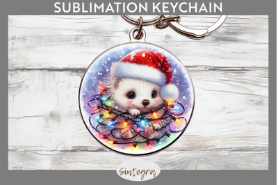 Christmas Porcupine Entangled in Lights Round Keychain Sublimation