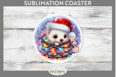 Christmas Porcupine Entangled in Lights Round Coaster Sublimation