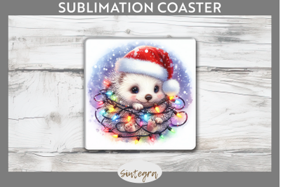 Christmas Porcupine Entangled in Lights Square Coaster Sublimation