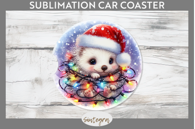 Christmas Porcupine Entangled in Lights Car Coaster Sublimation