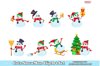 Cute Snowman Cartoon Character ClipArt Set