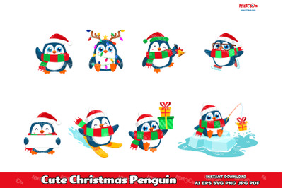 Cute Christmas Penguin Cartoon ClipArt Set