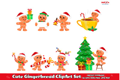 Christmas Gingerbread Cartoon Character ClipArt Set