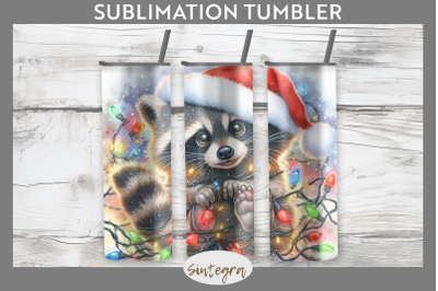 Christmas Raccoon Entangled in Lights Tumbler Sublimation 20 oz Skinny