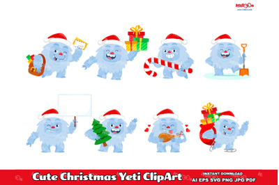 Cute Christmas Yeti Cartoon Character ClipArt Set