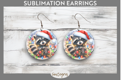 Christmas Raccoon Entangled in Lights Round Earrings Sublimation