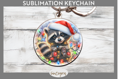 Christmas Raccoon Entangled in Lights Round Keychain Sublimation