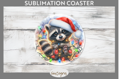 Christmas Raccoon Entangled in Lights Round Coaster Sublimation