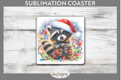 Christmas Raccoon Entangled in Lights Square Coaster Sublimation
