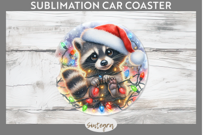 Christmas Raccoon Entangled in Lights Car Coaster Sublimation