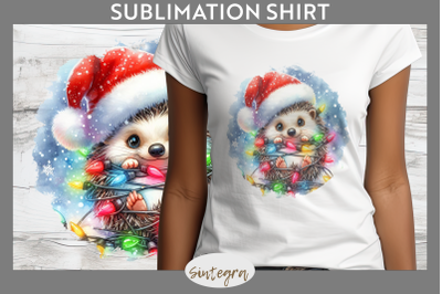 Christmas Hedgehog Entangled in Lights T-shirt Sublimation