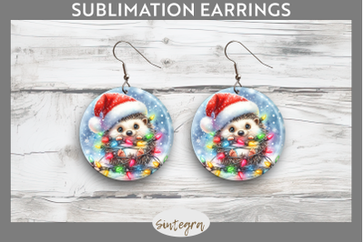 Christmas Hedgehog Entangled in Lights Round Earrings Sublimation