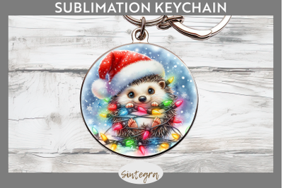Christmas Hedgehog Entangled in Lights Round Keychain Sublimation