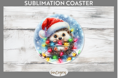 Christmas Hedgehog Entangled in Lights Round Coaster Sublimation