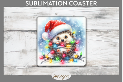 Christmas Hedgehog Entangled in Lights Square Coaster Sublimation