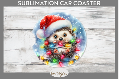 Christmas Hedgehog Entangled in Lights Car Coaster Sublimation