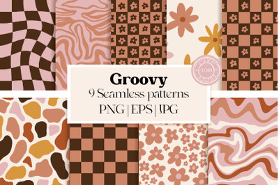 1970 Retro Groovy Digital Papers 9 Seamless Patterns