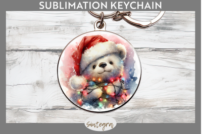 Christmas Bear Entangled in Lights Round Keychain Sublimation