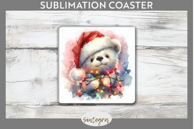 Christmas Bear Entangled in Lights Square Coaster Sublimation