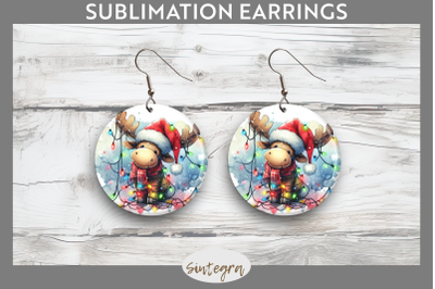 Christmas Moose Entangled in Lights Round Earrings Sublimation