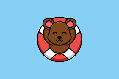 cute bear in pool tube vector template logo design