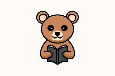 cute bear reading book vector template logo design