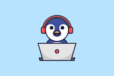 cute penguin with headphone and laptop vector template logo design