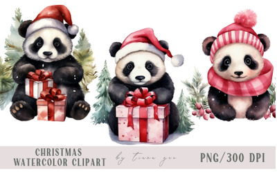 Cute watercolor Christmas panda set clipart- 3 png files