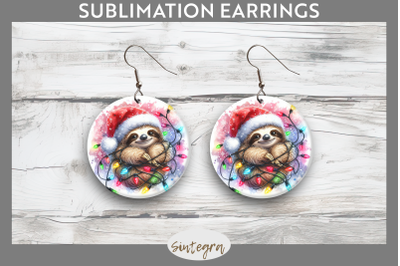 Christmas Sloth Entangled in Lights Round Earrings Sublimation