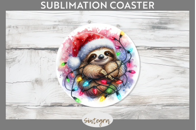 Christmas Sloth Entangled in Lights Round Coaster Sublimation
