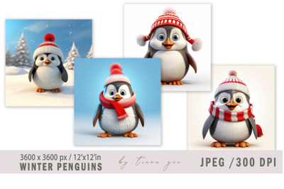 Cute winter Christmas penguin illustrations - 4 JPEG files