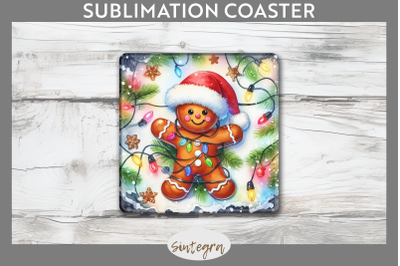 Gingerbread Man Entangled in Lights Square Coaster Sublimation