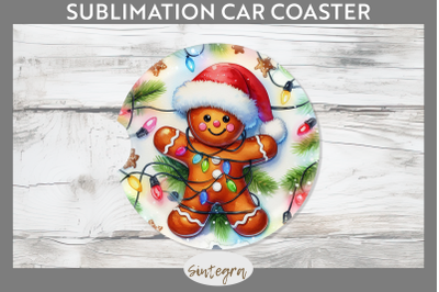 Gingerbread Man Entangled in Lights Car Coaster Sublimation