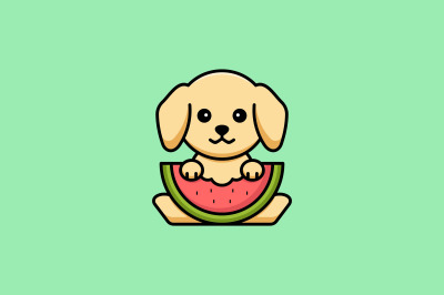 cute puppy with watermelon vector template logo design