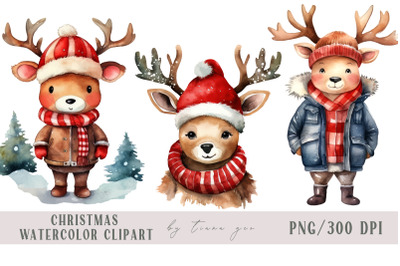Cute watercolor Christmas reindeer clipart- 3 png files