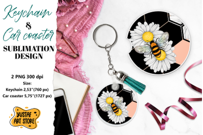 Bee Keychain sublimation. Bee Car coaster sublimation.