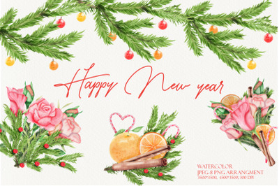 New Year, Christmas Watercolor Arrangements hand drawn