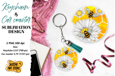 Bee Keychain sublimation. Bee Car coaster sublimation.