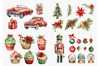 Retro car, winter cupcakes, nutcracker Christmas Watercolor clipart
