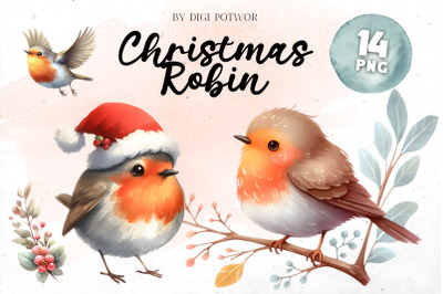 Watercolor Christmas Robin Bundle | PNG cliparts