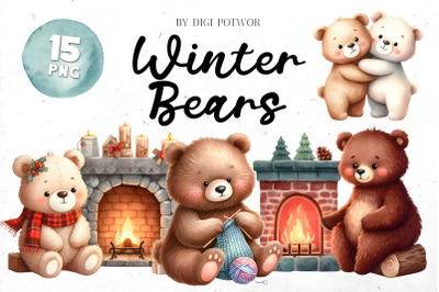 Cute Watercolor Winter Bears Bundle | PNG cliparts