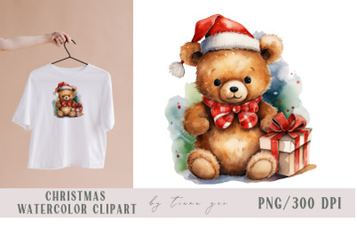 Cute watercolor Christmas baby bear clipart- 1 png file