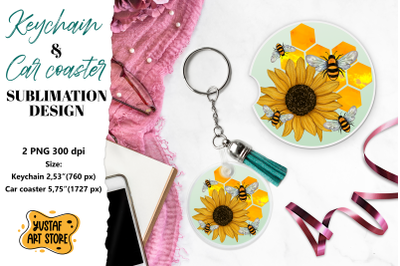 Bee Keychain sublimation. Bee Car coaster sublimation.