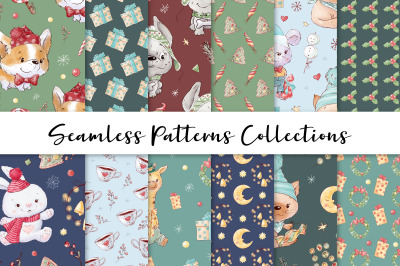 Cute Christmas Animals. Set of seamless patterns digital paper.