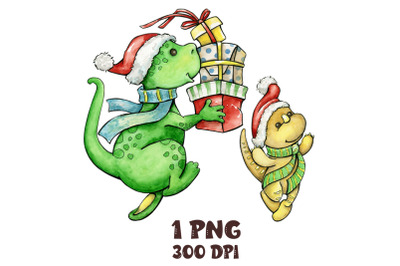 dinosaur  watercolor sublimation design, christmas png clipart. cartoo