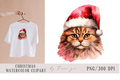Cute watercolor Christmas cat clipart- 1 png file