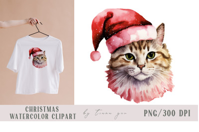 Cute watercolor Christmas Santa cat clipart- 1 png file