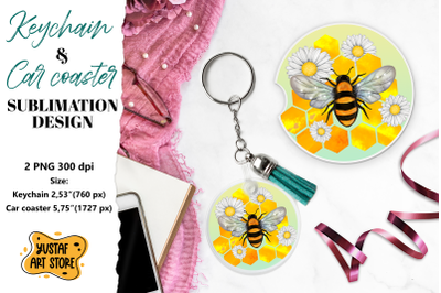 Bee Keychain sublimation. Bee Car coaster sublimation.